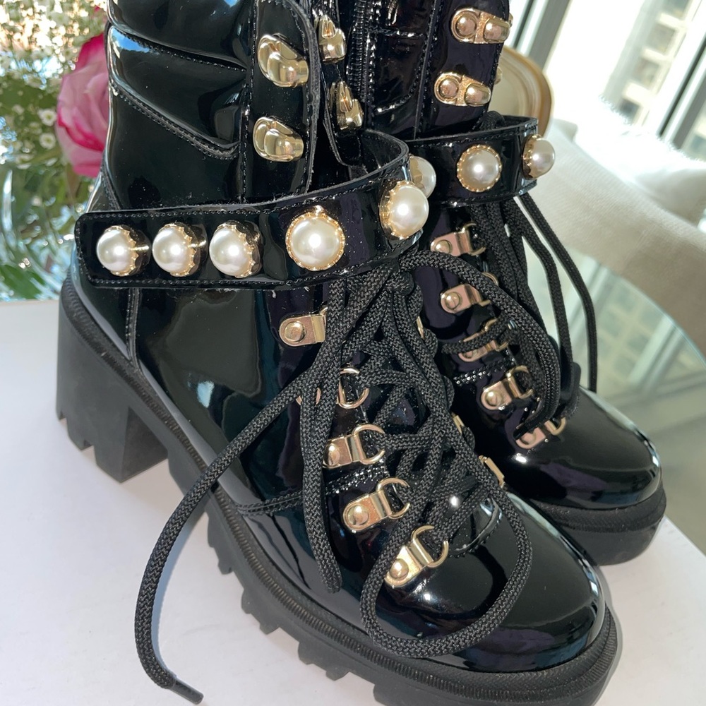 Aldo Black Patent Ankle Boots with Pearl Details